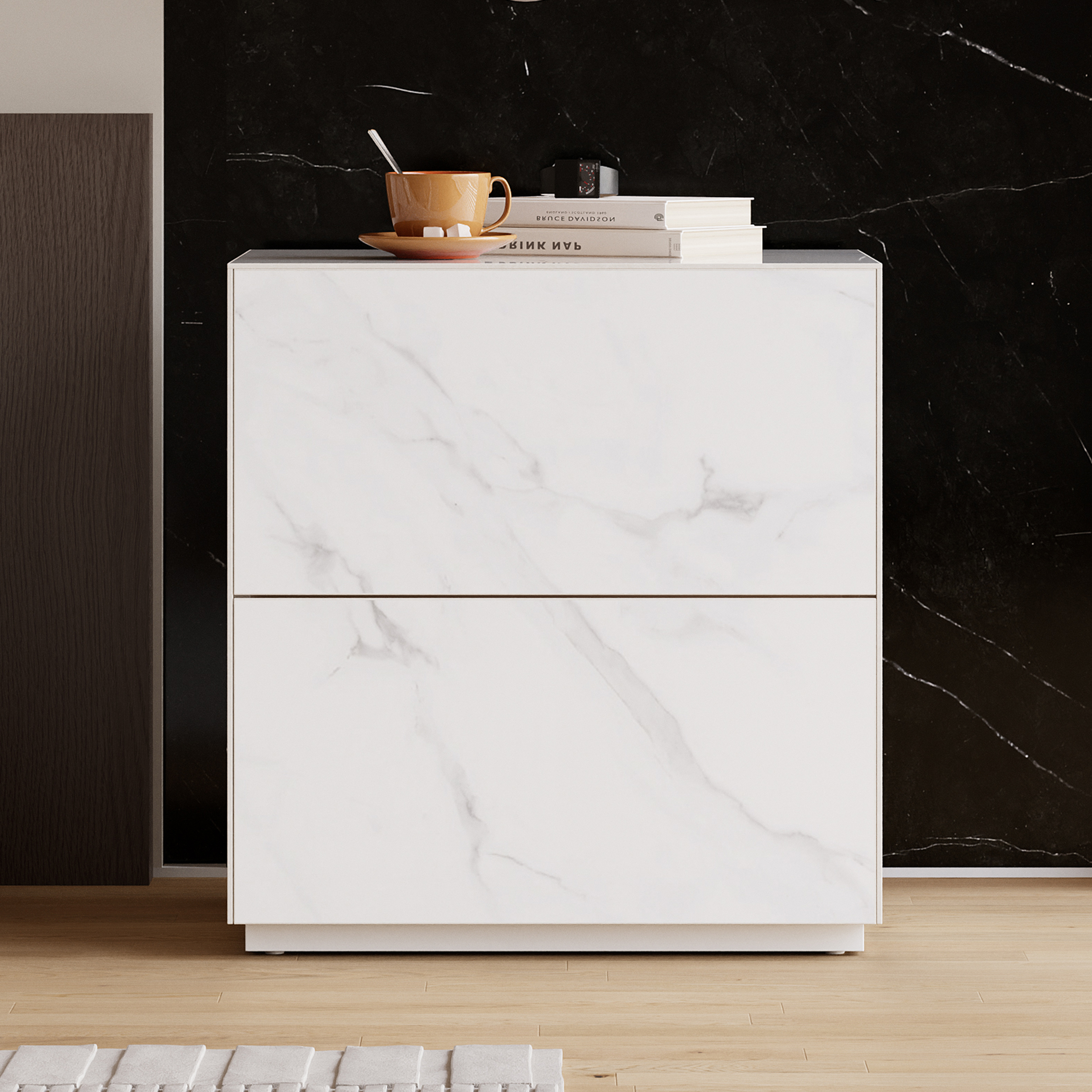 Modern 60 cm W Sintered Stone Bedside Table 2 Drawer Bedside Table