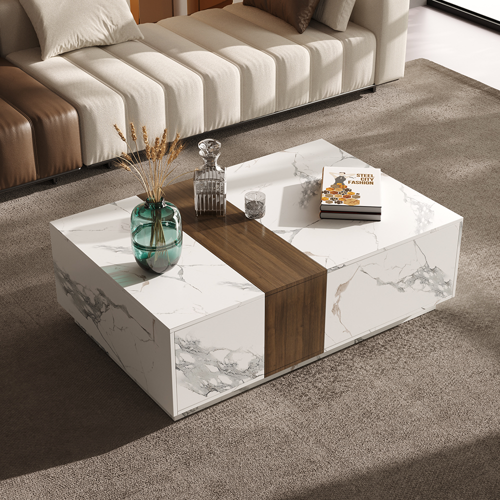 Vewal 1200mm Marble & Walnut Veneer Block Coffee Table with 2 Drawers
