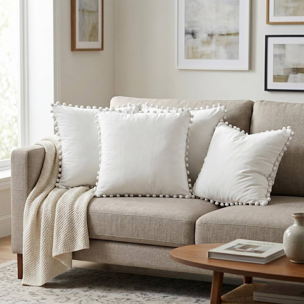 Luxury Living Set of 4 Velvet Cushions with Pom Trim with pads in Cream