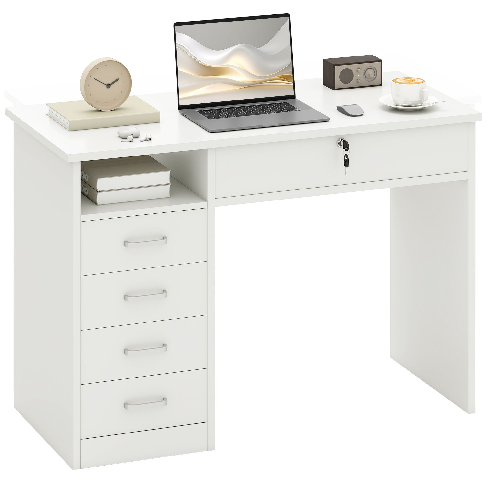 HOMCOM Computer Desk Writing Desk with Five Drawers for Home Office in White 2