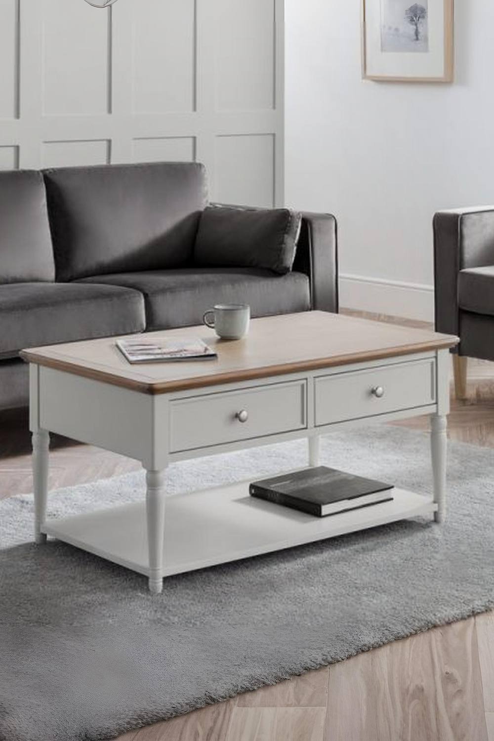 Julian Bowen Provence 2 Drawer Coffee Table with Shelf in Light Grey