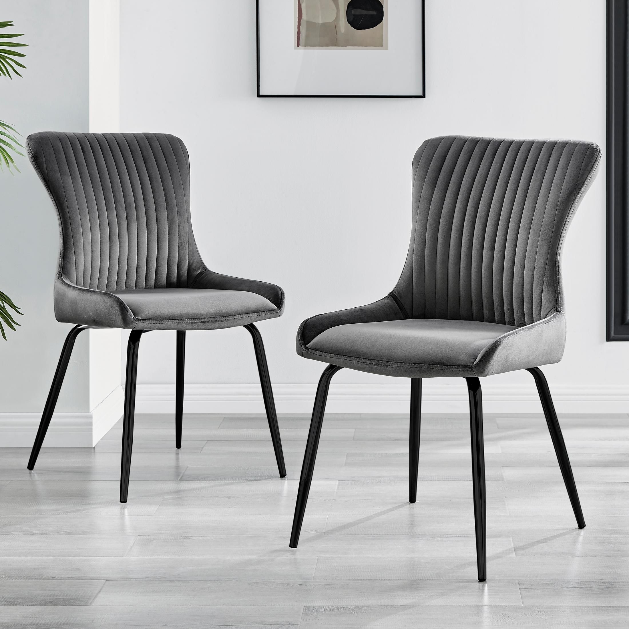 FurnitureboxUK Set of 2 Nora Deep Padded Luxurious Dining Chairs Upholstered In Soft Velvet With Black Legs in Dark Grey