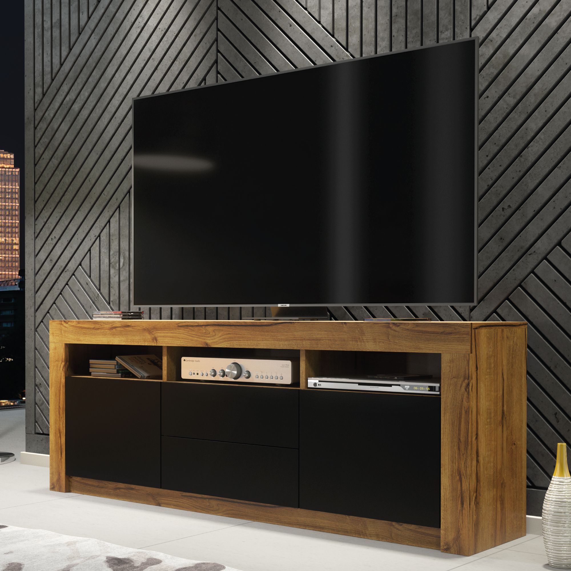 Creative Furniture TV Unit 160cm Modern - Oak with Matt Black Doors in Brown