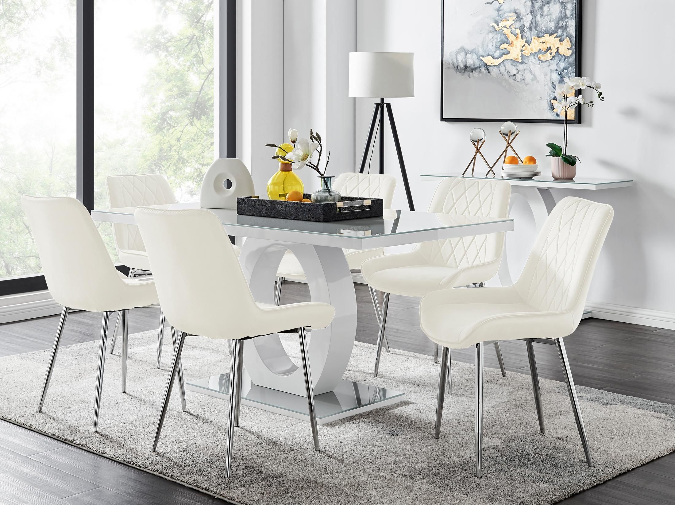 FurnitureboxUK Giovani 6-Seater Grey Glass Dining Table & 6 Pesaro Soft Velvet Dining Chairs in Cream