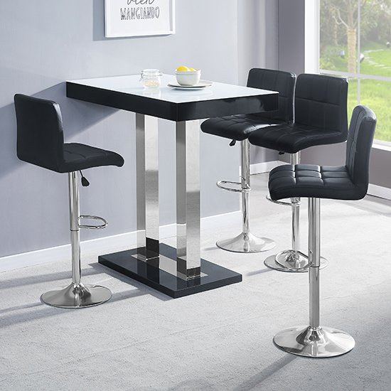 Caprice Black White Glass Bar Table With 4 Coco Black Stools