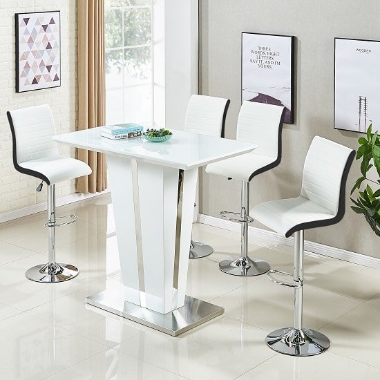 Memphis Glass Bar Table In High Gloss White And 4 Ritz Stools
