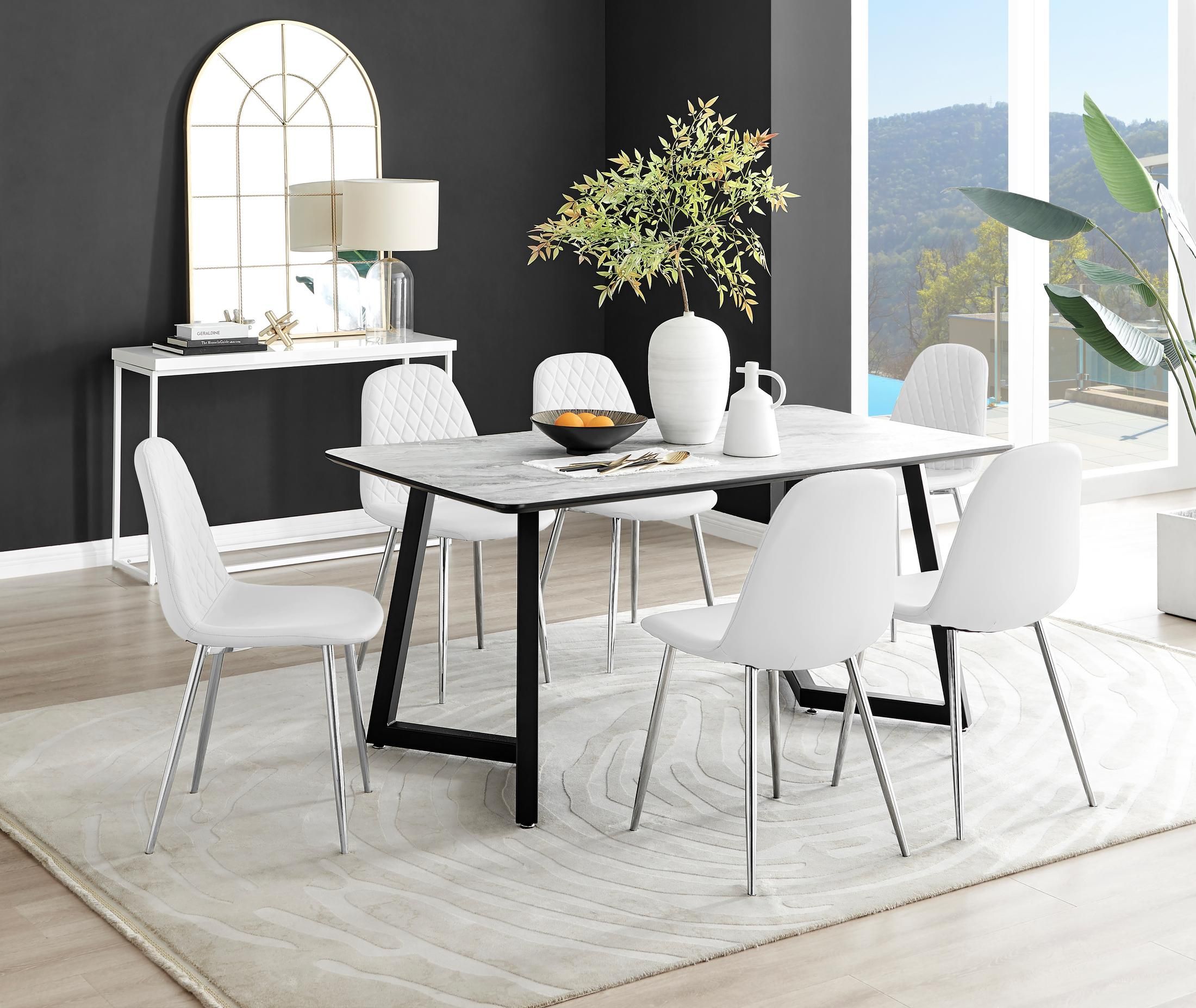 FurnitureboxUK Carson White Marble Effect Dining Table & 6 Corona Silver Chairs