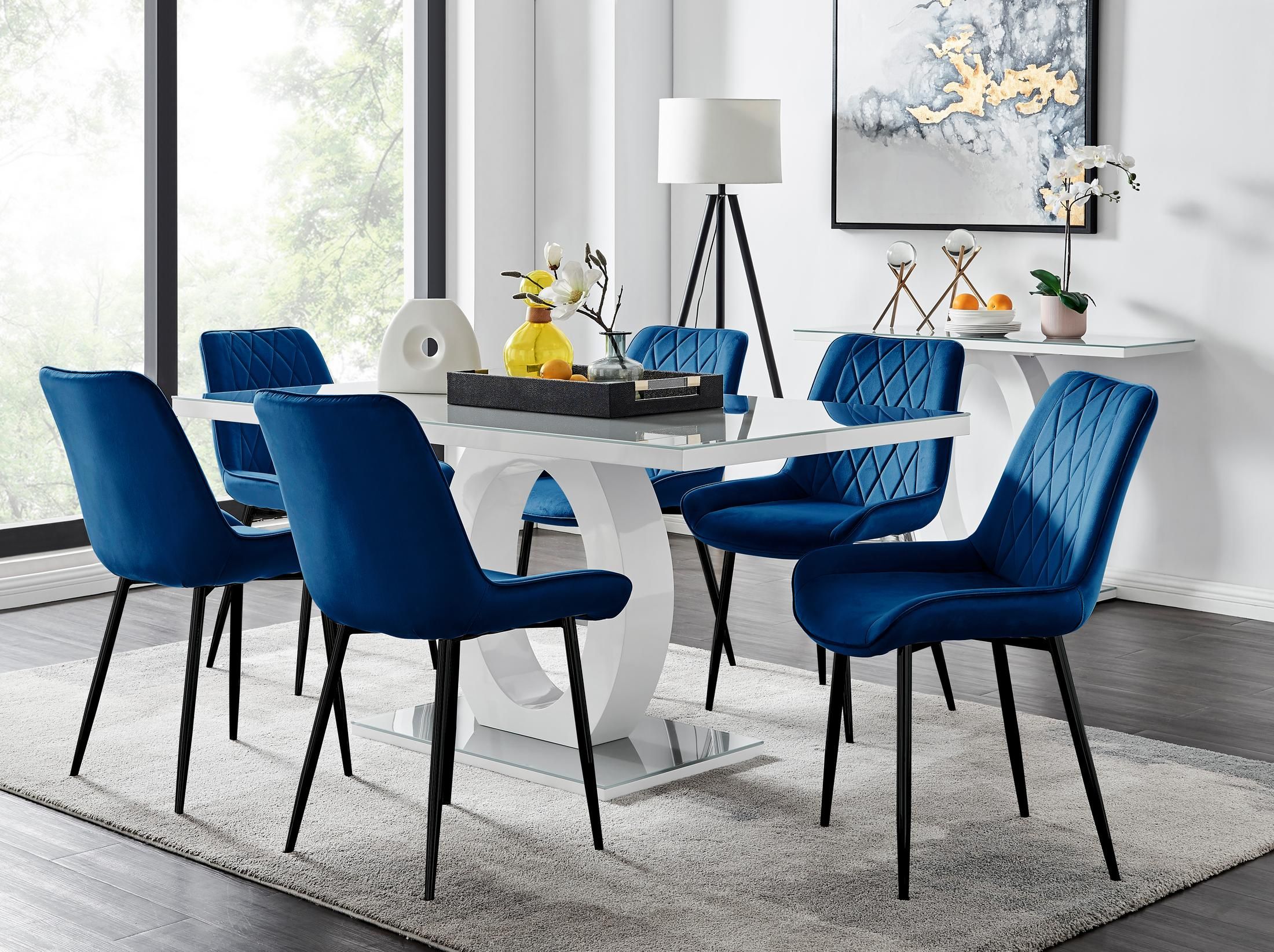 FurnitureboxUK Giovani 6-Seater Grey Glass Dining Table & 6 Pesaro Soft Velvet Dining Chairs in Navy
