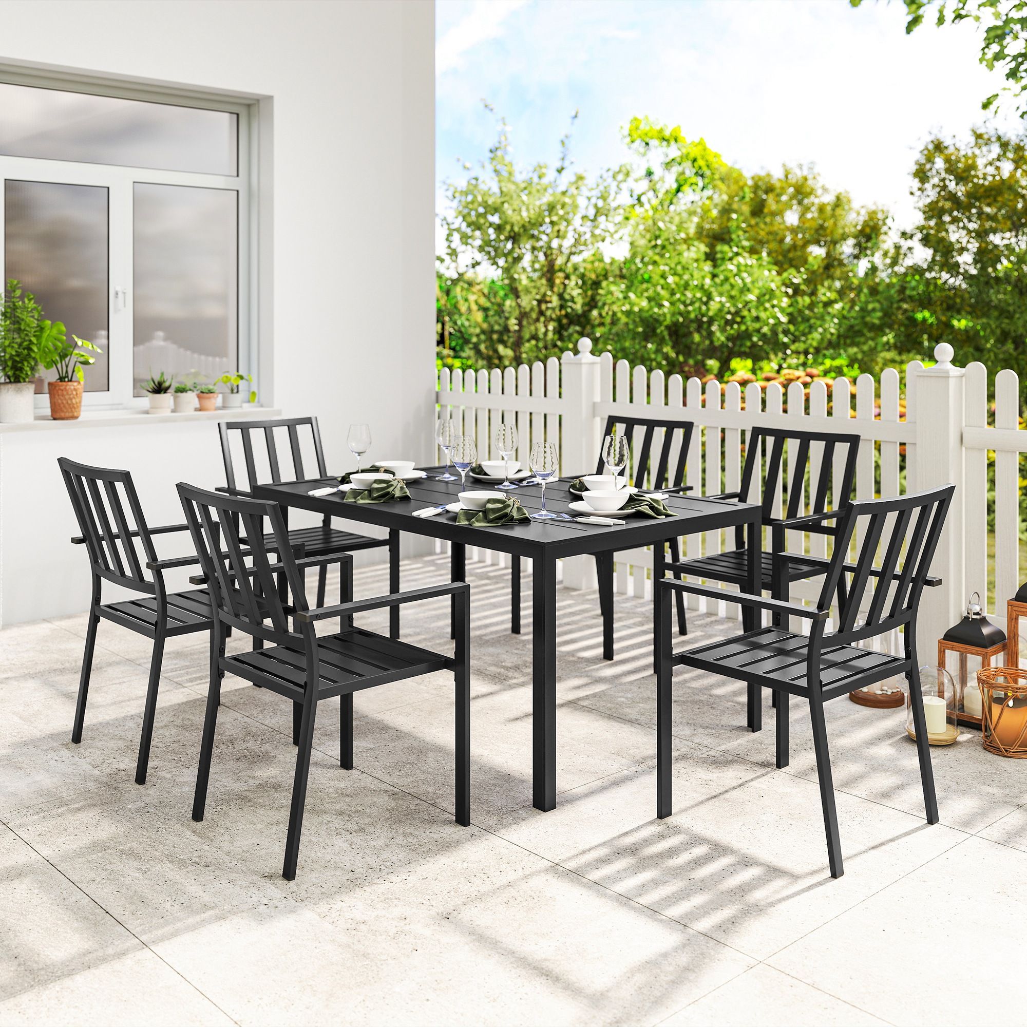 OUTSUNNY 7 PCs Garden Dining Set w/ Stackable Chairs & Metal Top Table in Black