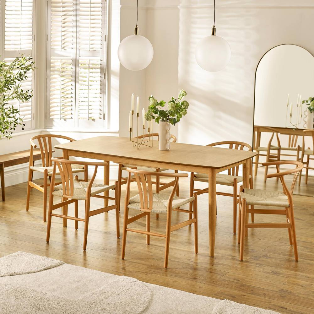 FurnitureboxUK Leif Oak Effect Wood Extending Table & 6 Caia Wishbone Dining Chairs in Brown