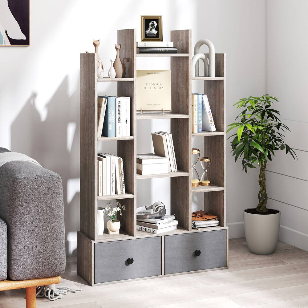 Costway 12 Tier Bookshelf Open Storage Wood Bookcase Organizer Display Shelf in Grey