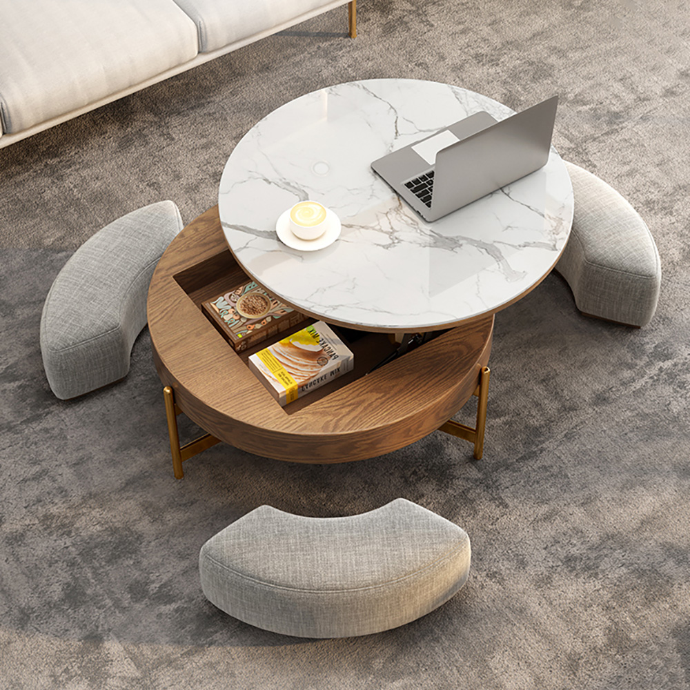 Round Lift-Top Coffee Table Set with 3 Ottomans and Storage White Tabletop and Walnut-Coloured Body