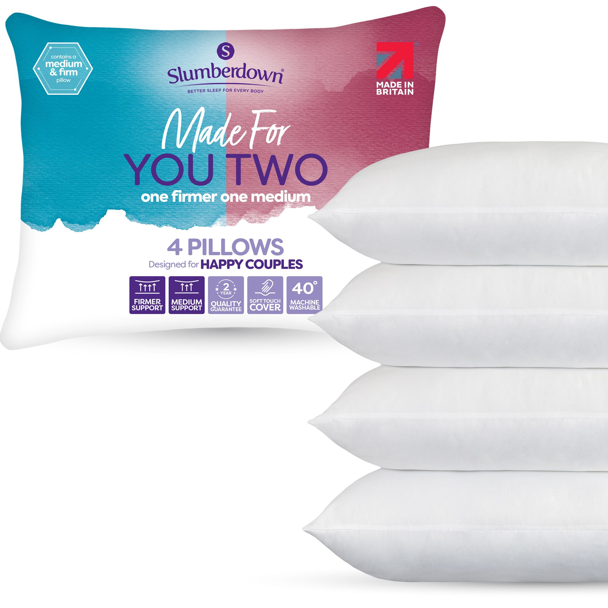 Slumberdown 4 Pack Made For You Two Medium & Firm Support Pillows in White