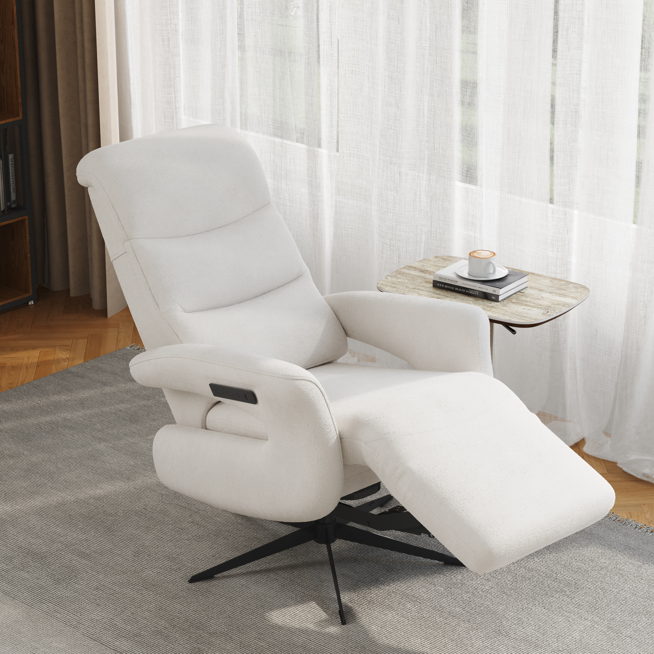 Modern Power Recliner White Chenille Velvet Accent Chair with 360° Swivel