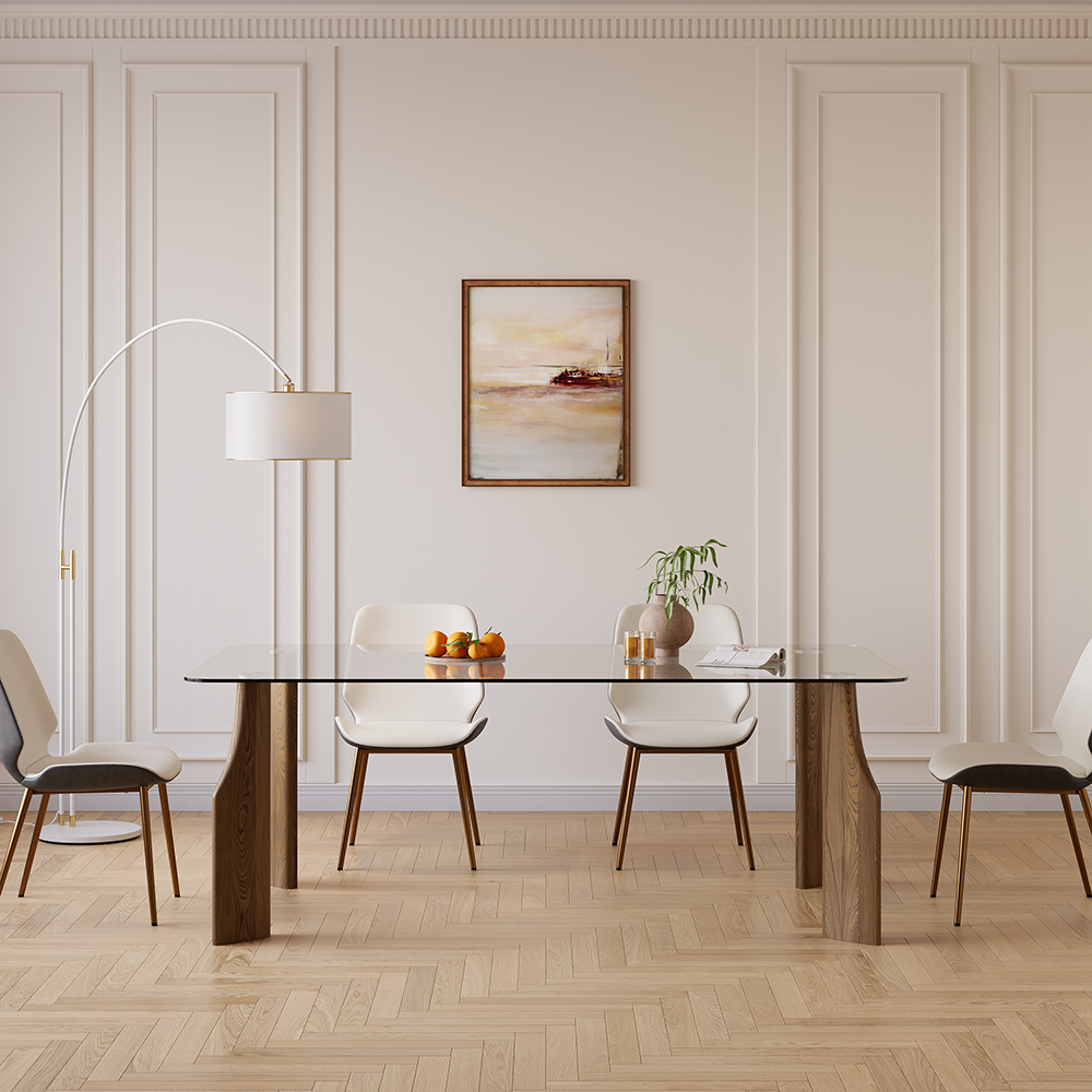 1800mm Rectangle Glass Dining Table for 8 Person Walnut Solid Wood 4-Legs