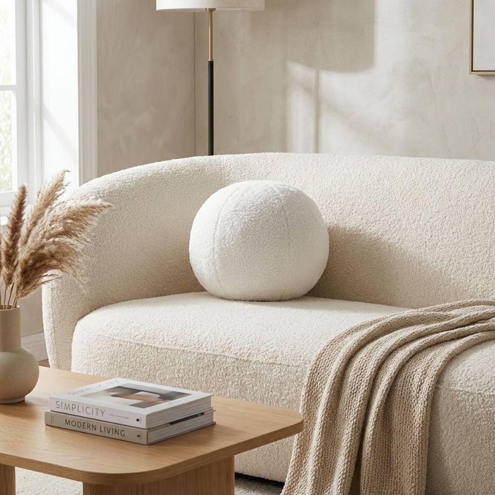 Garden Greatness Evie Teddy Boucle Blanc Round Cushion in White
