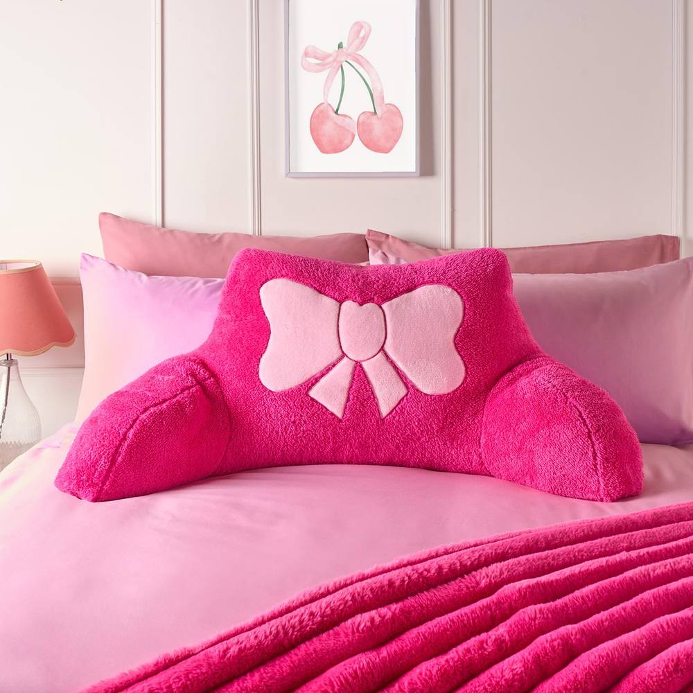 OHS Embroidered Bow Cuddle Cushion Teddy Fleece Reading Pillow in Pink