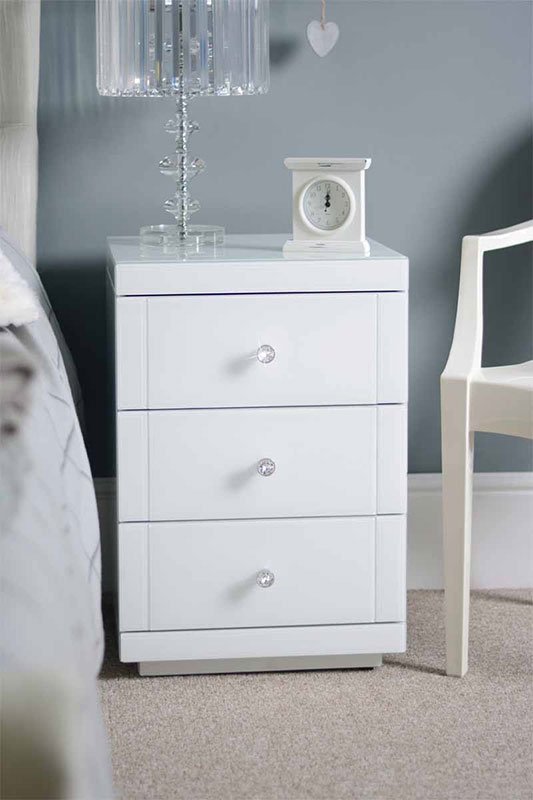 Pair of LUCIA White Glass Bedside Tables with 3 Drawers
