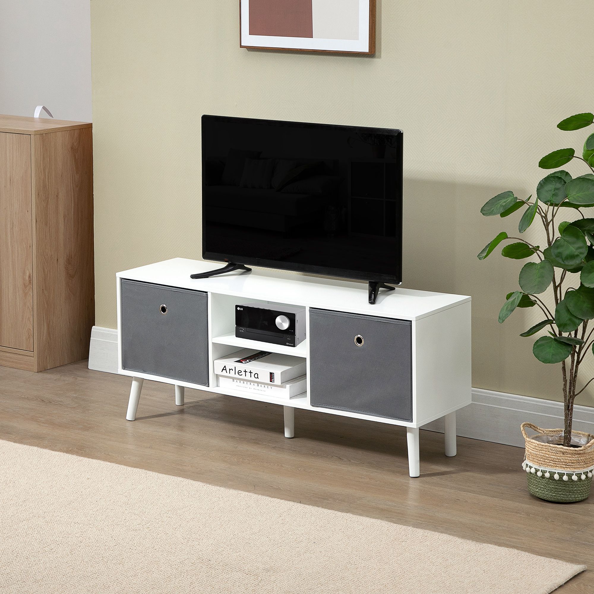 HOMCOM Modern TV Cabinet Stand w/ Shelves & Drawers, Bedroom in White