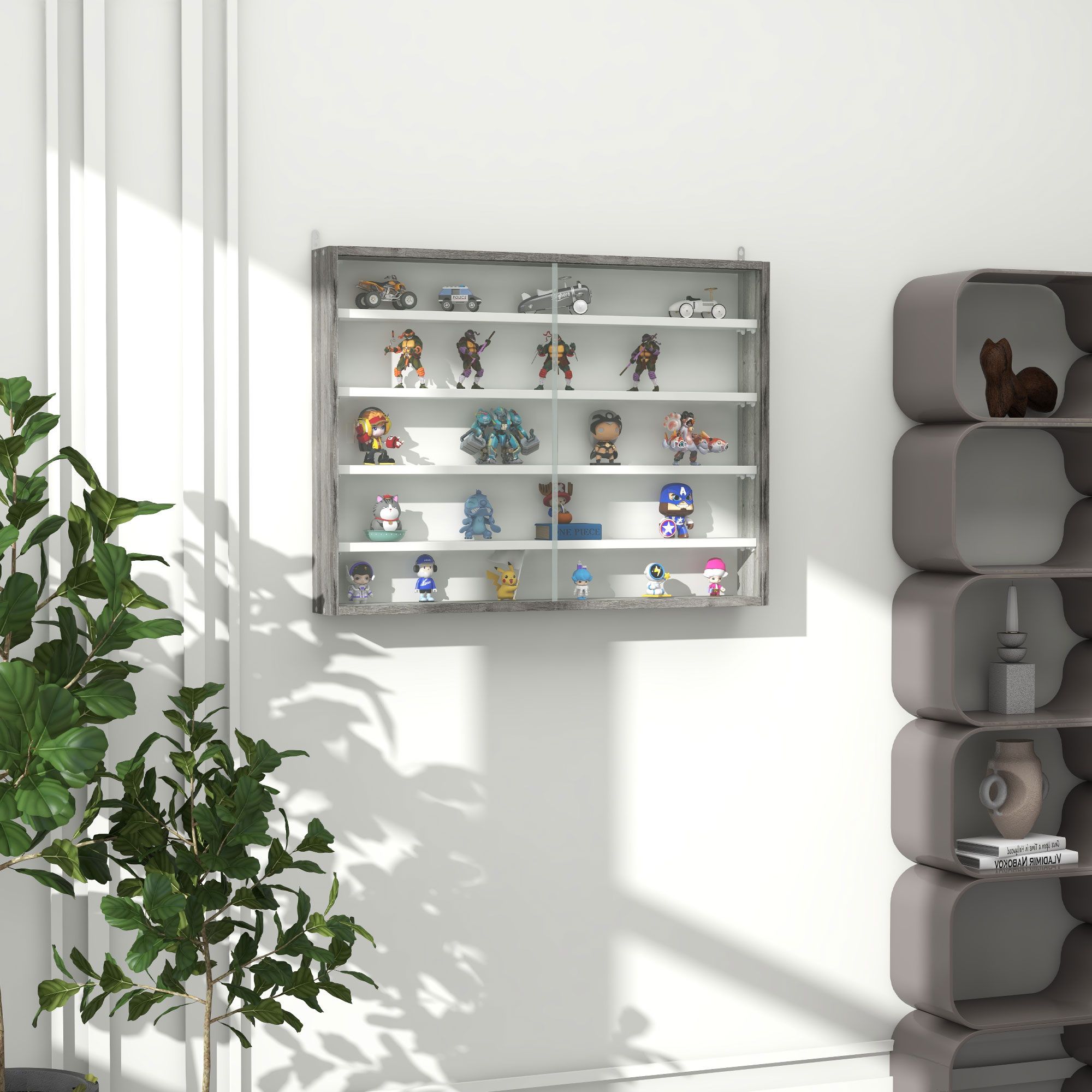 HOMCOM 5-Tier Wall Display Shelf Unit Cabinet w/ Shelves Glass Doors in Grey