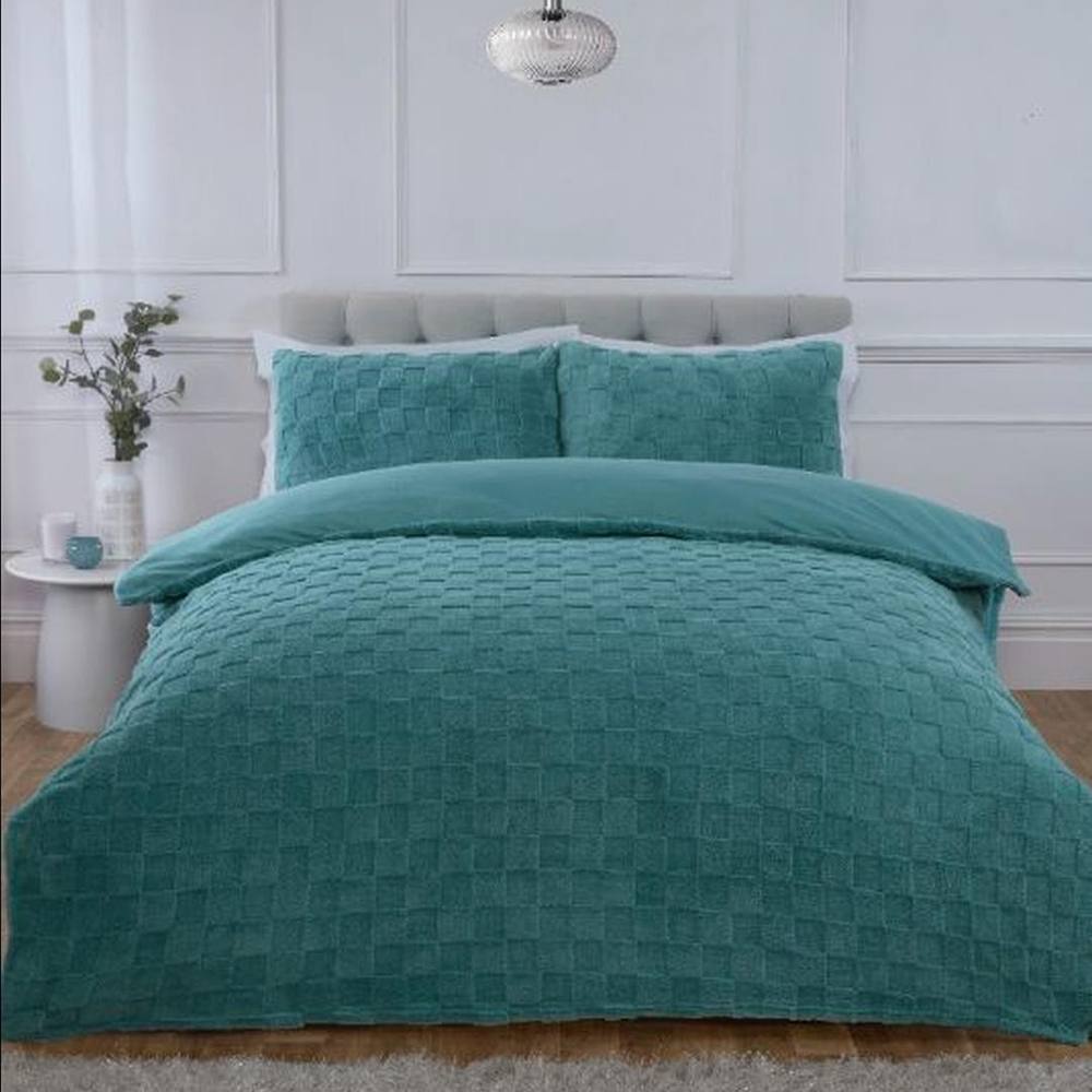 Rapport Home Luxury Check Teddy Polyester Fleece Duvet Cover Set with Pillowcase in Duck Egg Blue