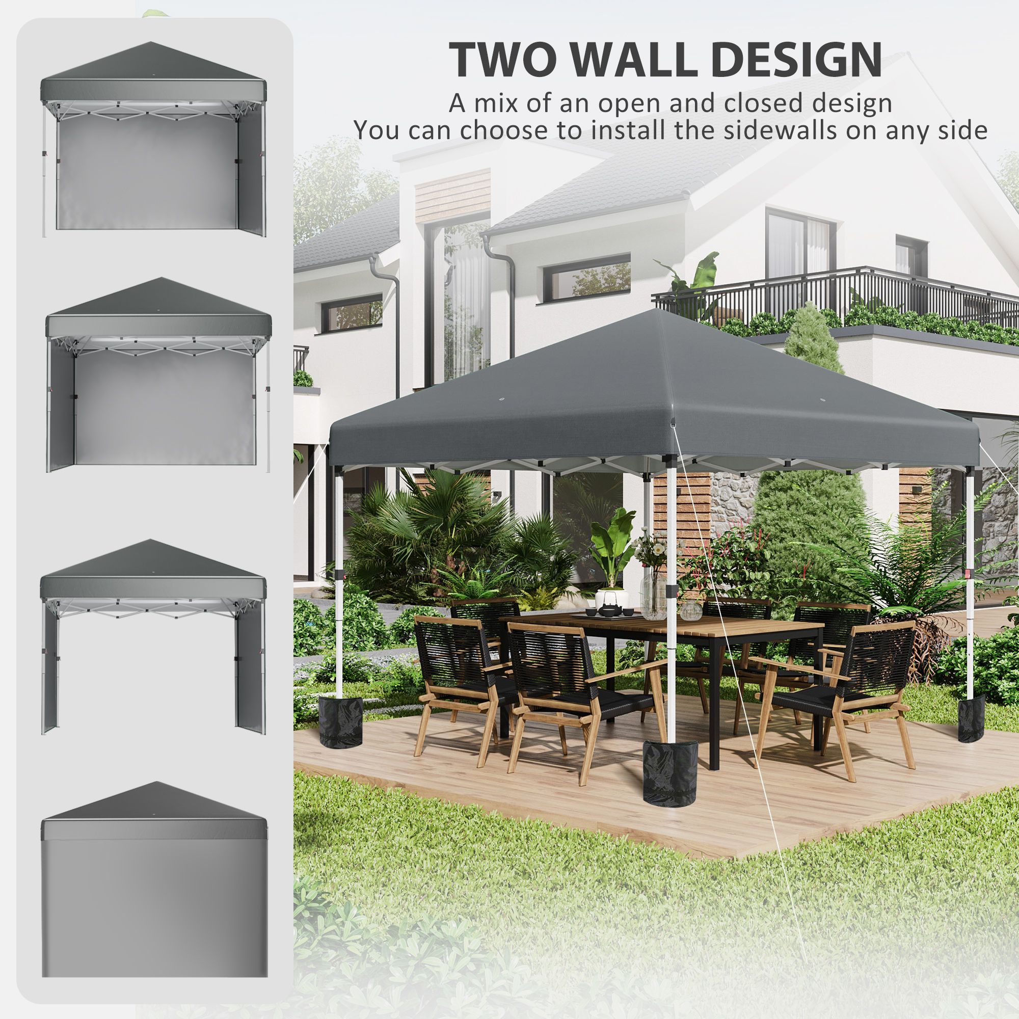 OUTSUNNY 3x3 (M) Pop Up Gazebo Party Tent w/ 2 Sidewalls, Weight Bags in Dark Grey 4