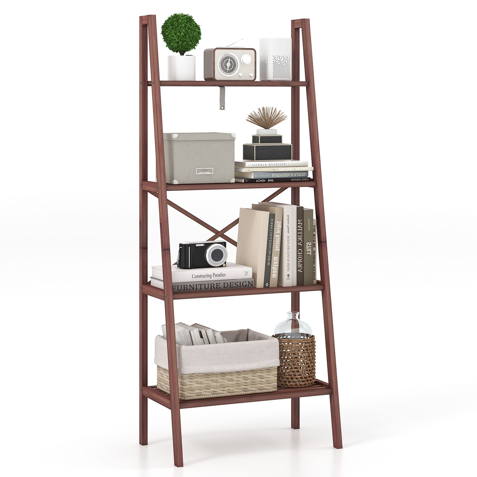 Costway Bamboo Ladder Bookshelf 4-Tier Freestanding Bookcase in Brown