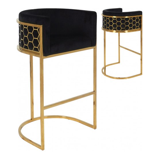 Meta Black Velvet Bar Stools In Pair With Gold Legs