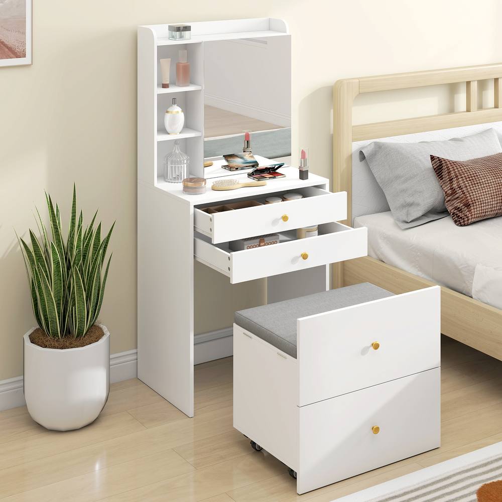 HOMCOM Dressing Table with Mirror & Stool, Makeup Desk with Drawers, White