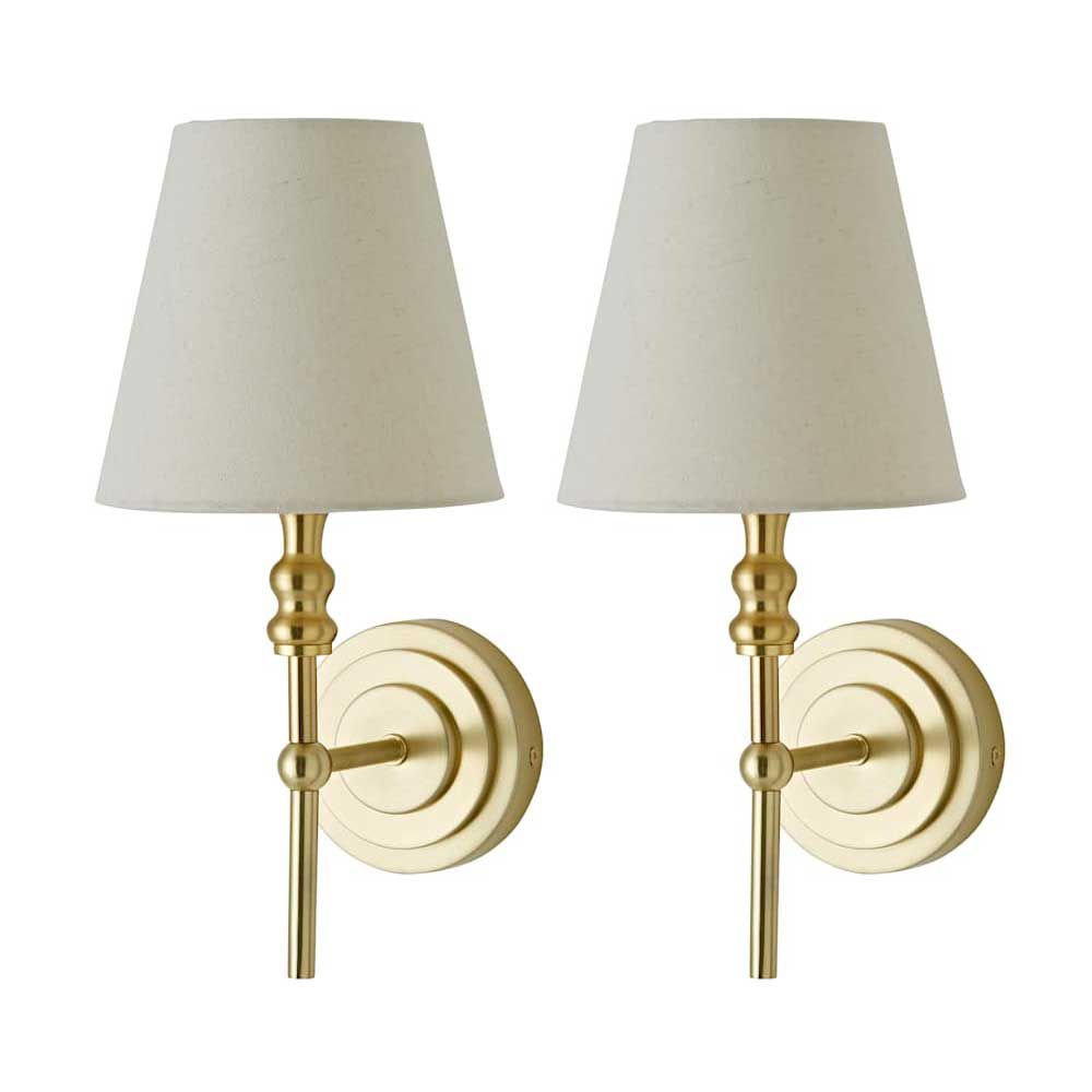 ValueLights Maggie Pair of Wall Lights with Linen Tapered Lamp Shades & Bulbs in Gold