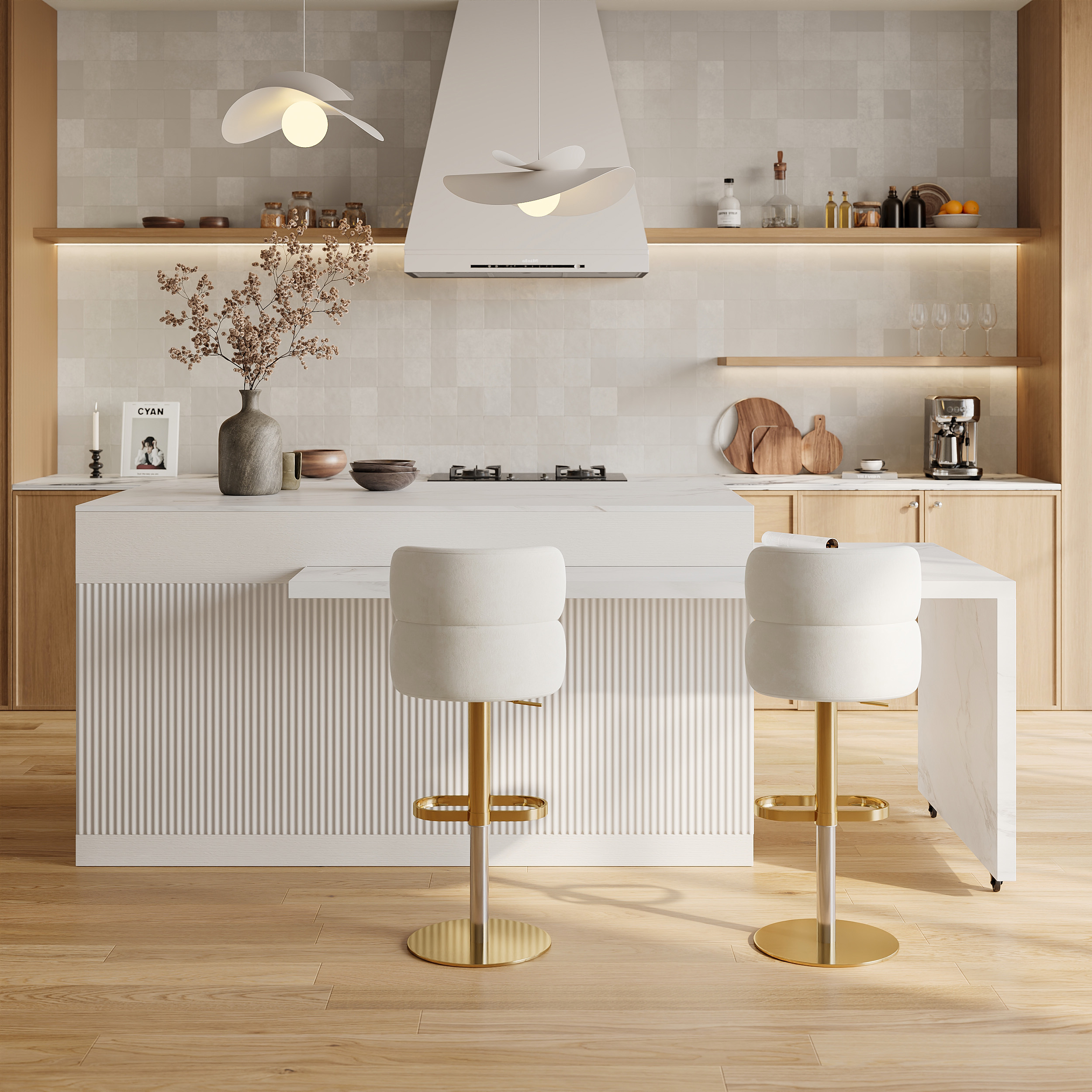 205 - 284 cm Modern Extendable White Marble Pattern Kitchen Island with Doors and Drawers