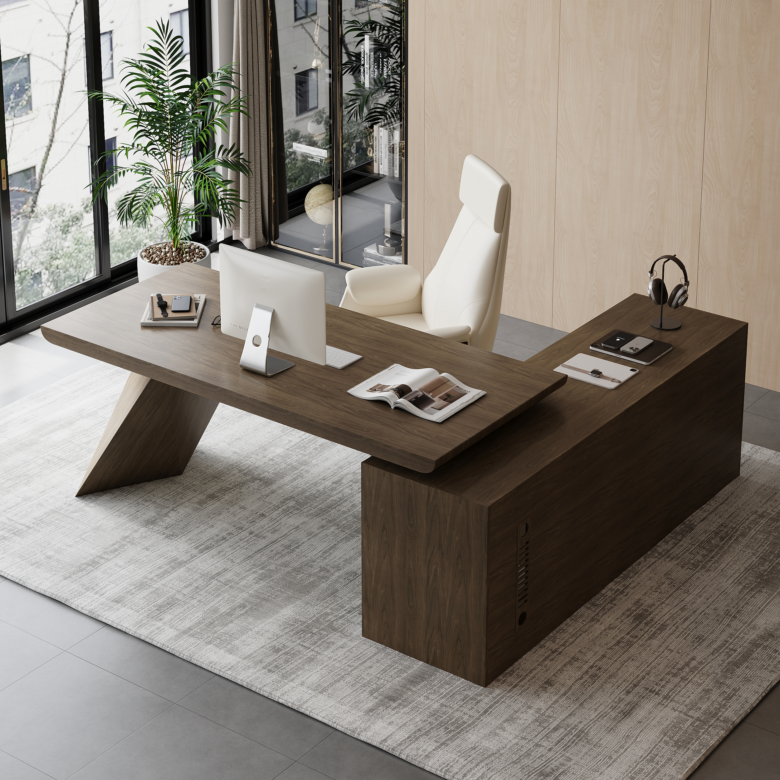 Modern 71" L-Shaped Smoked Brown Executive Desk with Left-Side Cabinet