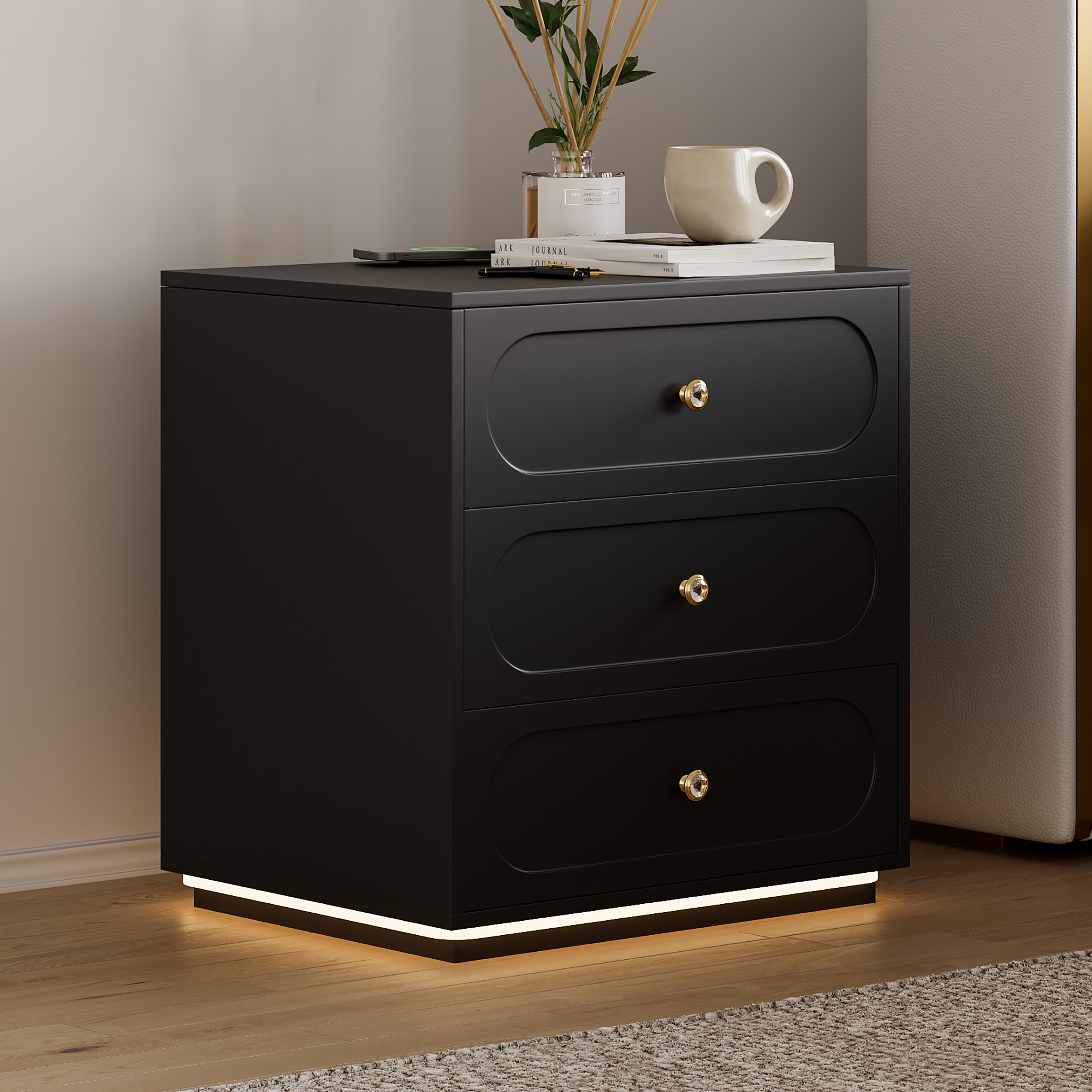 Modern Smart Nightstand with Light 2 Drawer Bedside Table with Charging Station  Set of 2