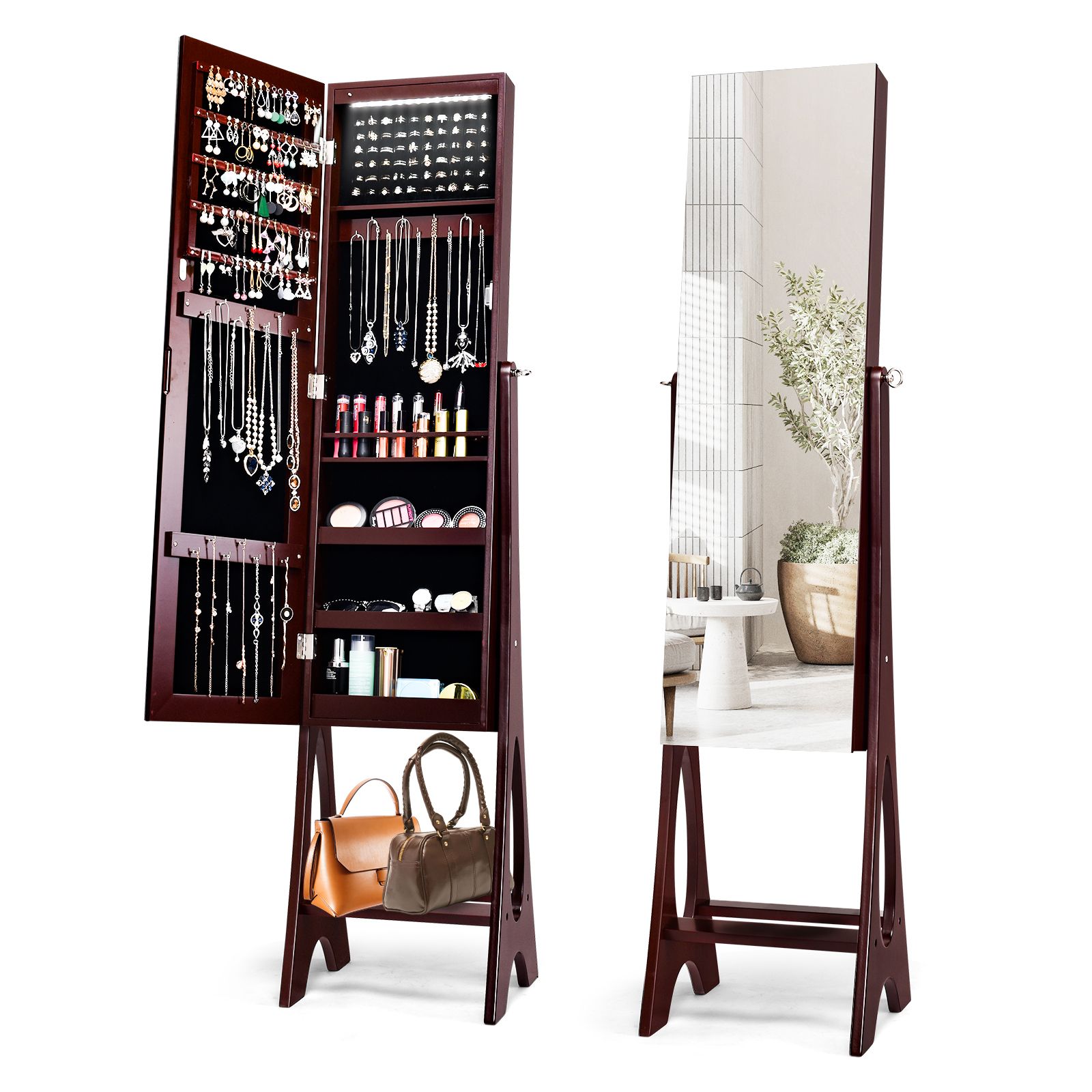 Costway Freestanding Mirror Jewelry Cabinet Organizer W/ Full Length Mirror Built-in LED in Brown