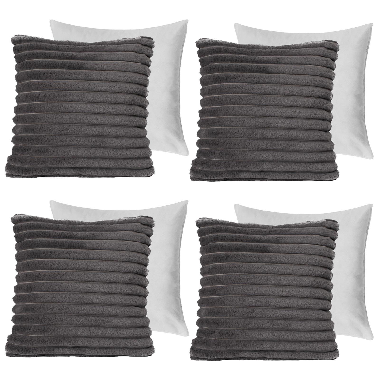 OHS 4 x Faux Fur Thick Rib Filled Cushion Covers in Charcoal