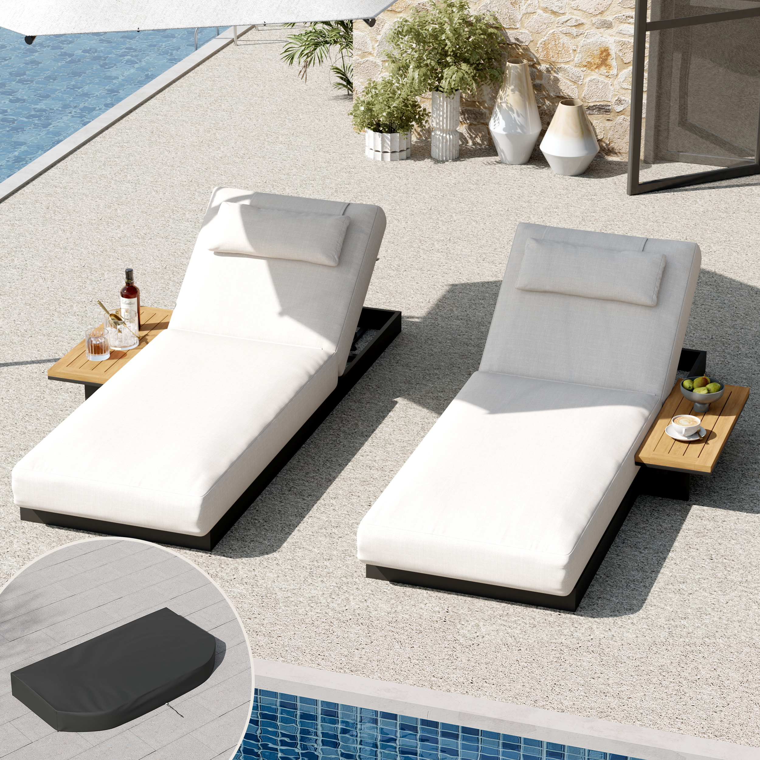 Tevara 2-Piece Outdoor Teak & Aluminium Adjustable Chaise Lounge with Black Cover