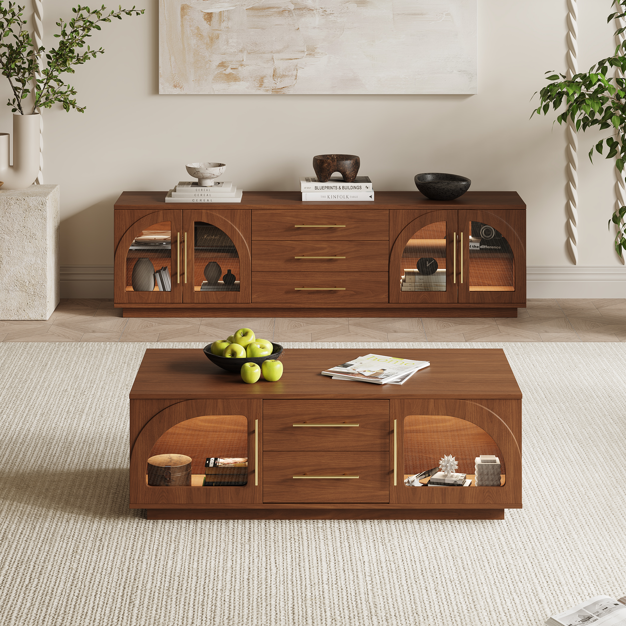 Arune 1829 mm Mid Century Modern Walnut TV Stand Coffee Table Set with LED Lights and Arched Glass Cabinet Doors