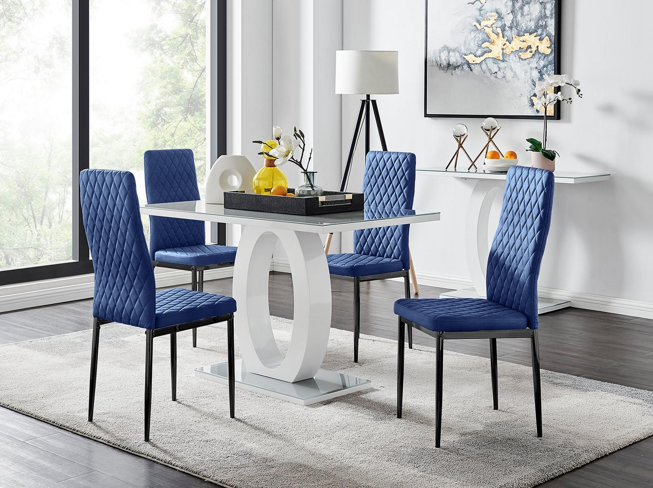 FurnitureboxUK Giovani 4 Grey Dining Table & 4 Velvet Milan Black Leg Chairs in Navy