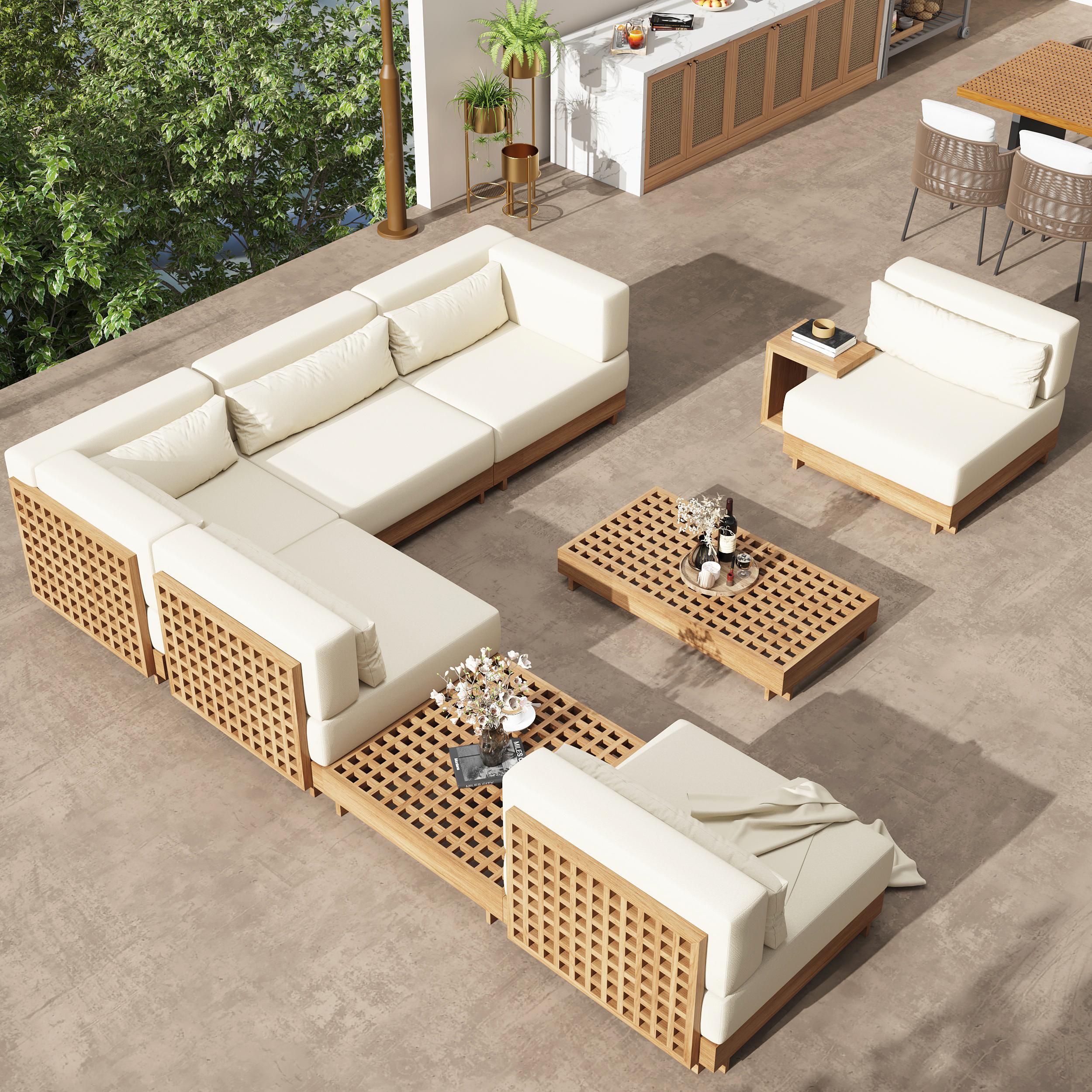 9-Pieces Versatile Whole Teak Luxury Modular L-Shaped Garden Patio Sectional Sofa Set in Beige with Coffee Table and Cushions
