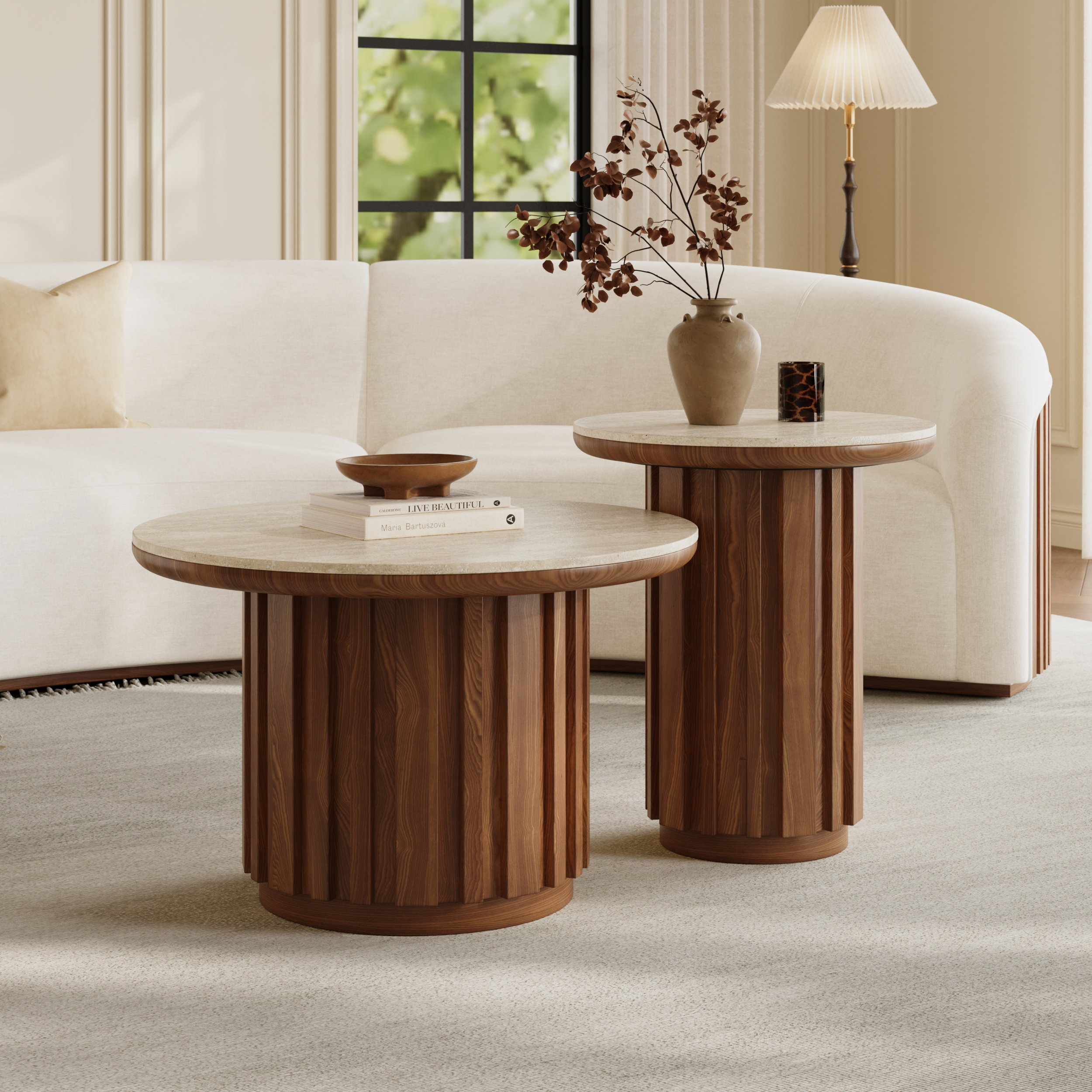Aura 2 Piece Set Ash Wood Slatted Round Coffee Table with Sintered Stone Top ( 50 - 70 cm )
