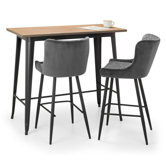 Grafton Wooden Bar Table In Mocha Elm With 2 Luxe Grey Bar Stools