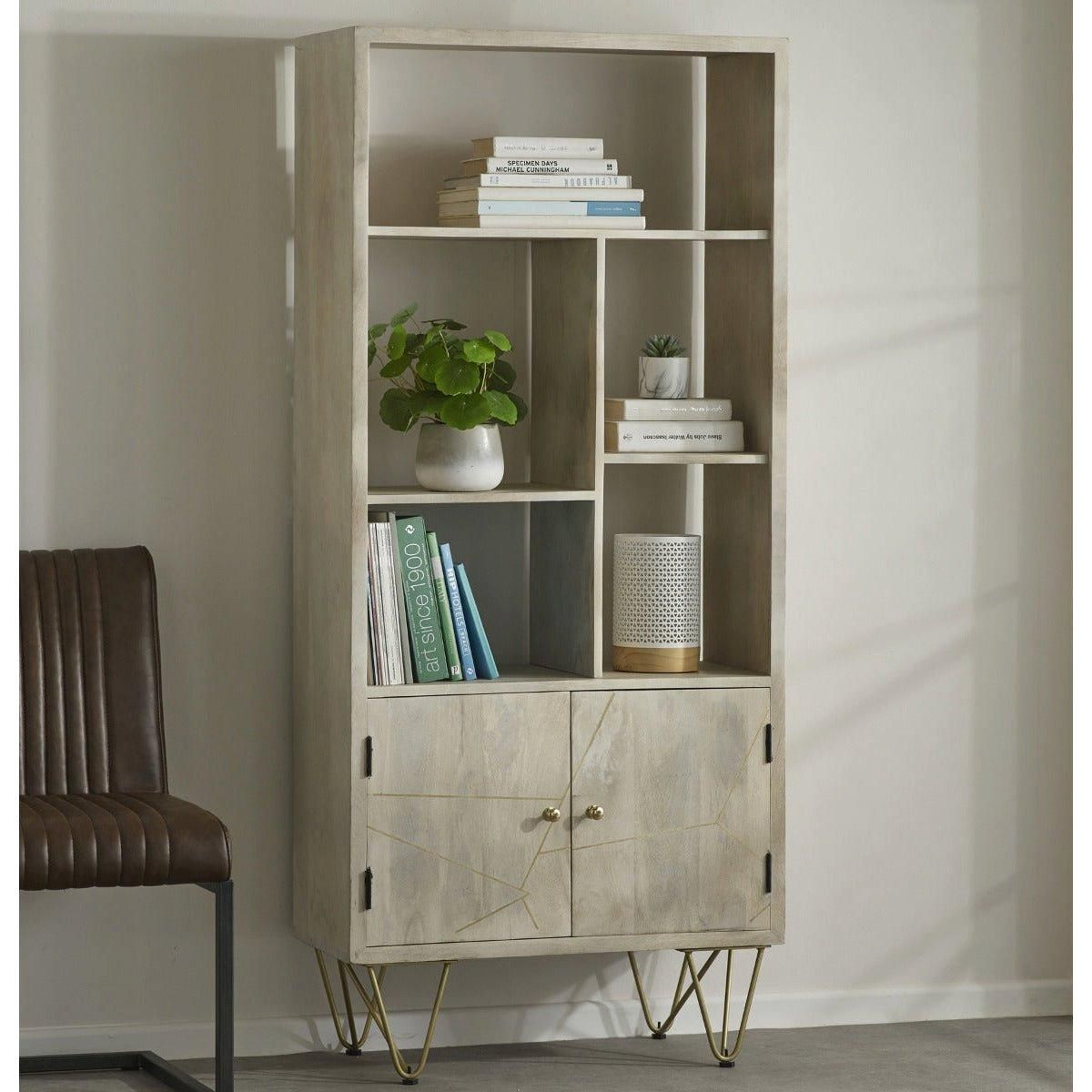 IH Design Multi shelf bookcase with Doors Deiondre Light Mango in Brown