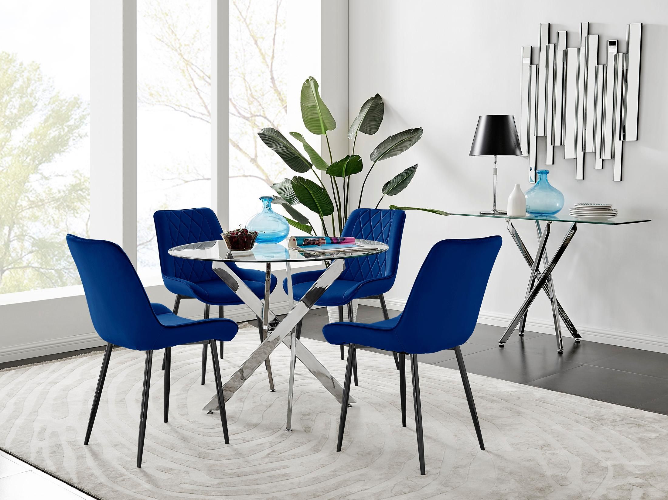 FurnitureboxUK Novara 100cm Round Dining Table & 4 Pesaro Black Leg Chairs in Navy