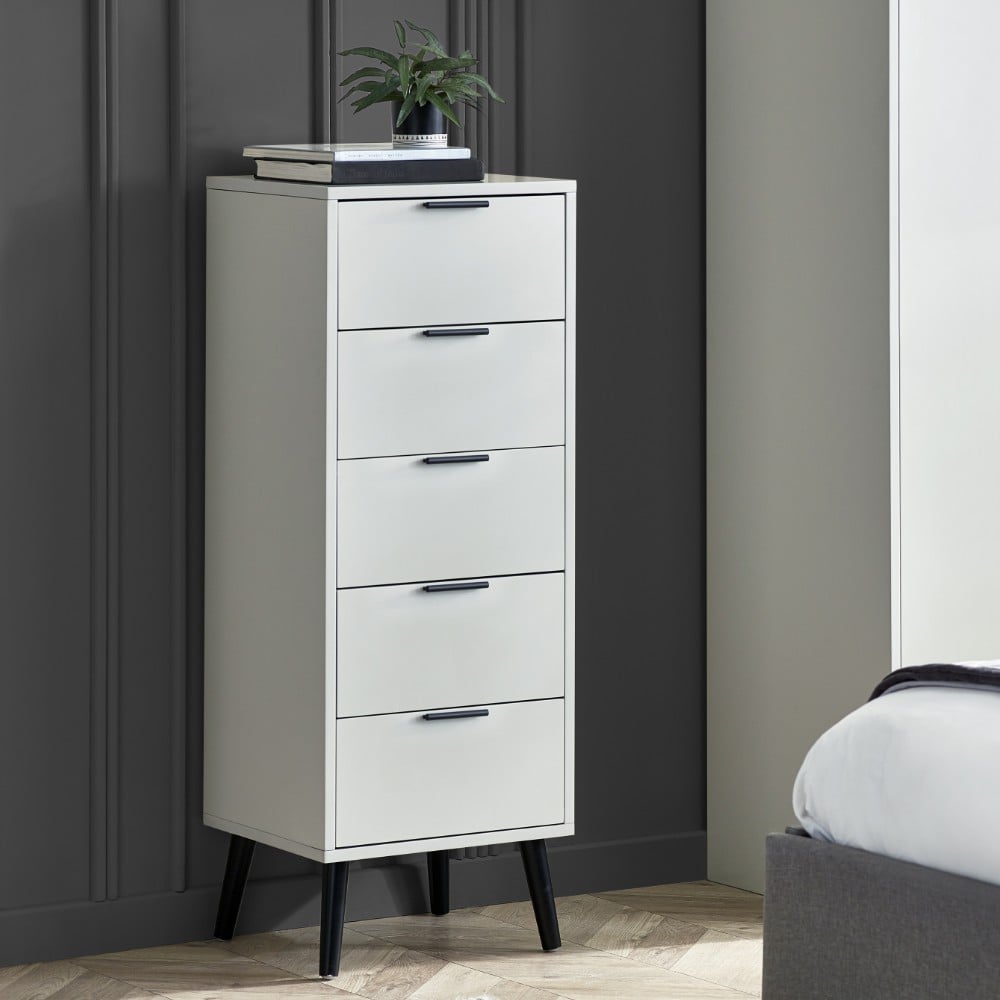Alba – 5-Drawer Narrow Chest of Drawers – Silk Grey – Lacquered MDF - Happy Beds