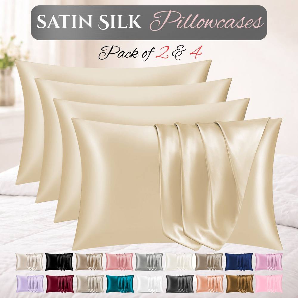 Grace Satin Silk Pillow Cases Pack of 4 Super Soft Smooth Pillow Covers in Camel