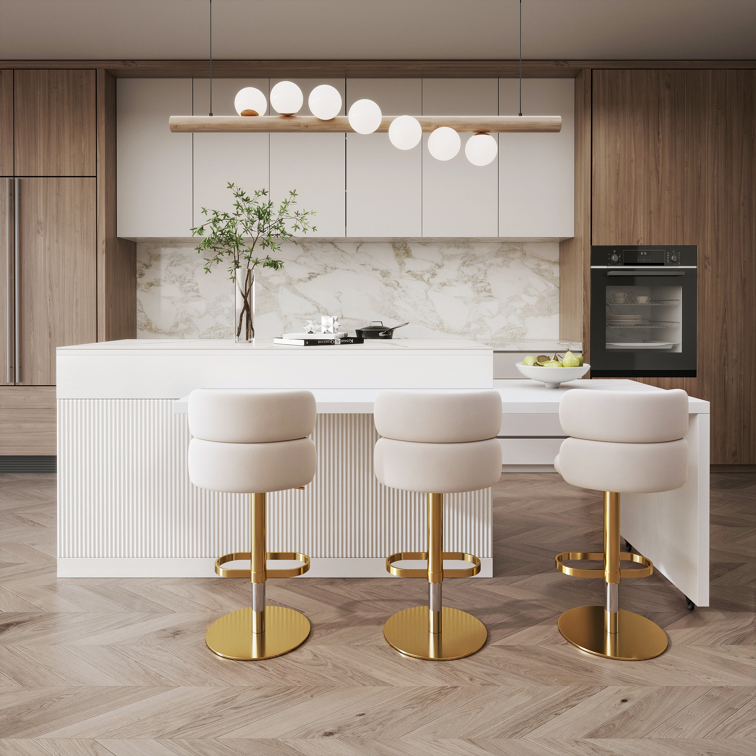 205 - 270 cm Kitchen lsland Extendable Marble Veneered Top white Modern with Doors & Drawers