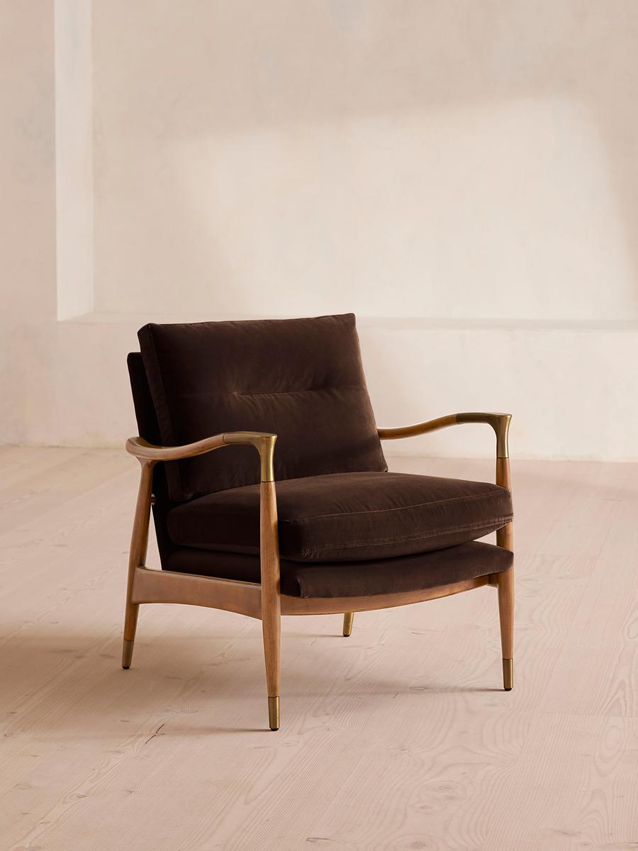 Theodore Oak Armchair, Velvet, Chocolate Brown