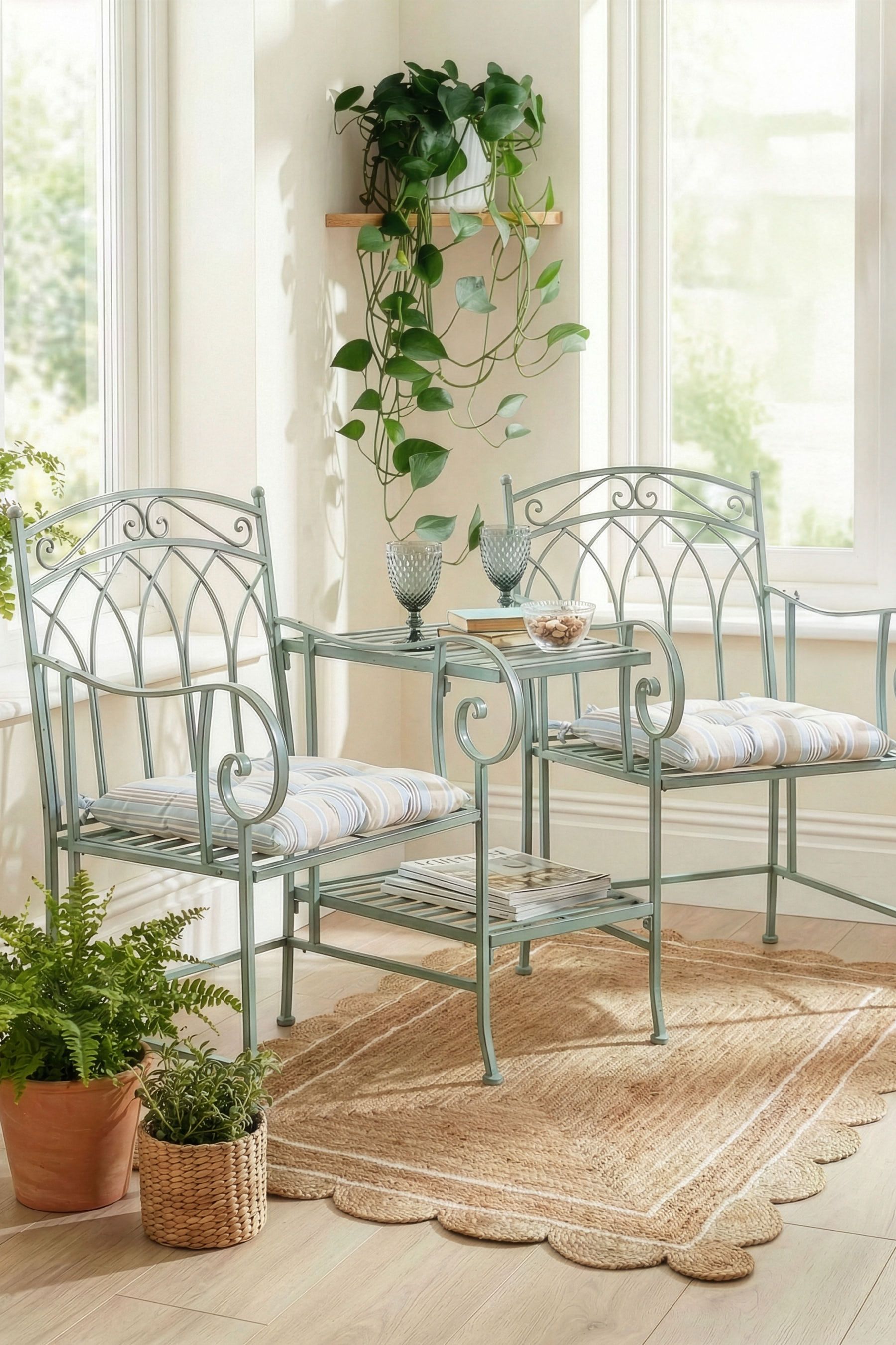 Dibor Vintage Green Iron Arched Indoor Outdoor Garden Furniture Companion Seat Garden Bench