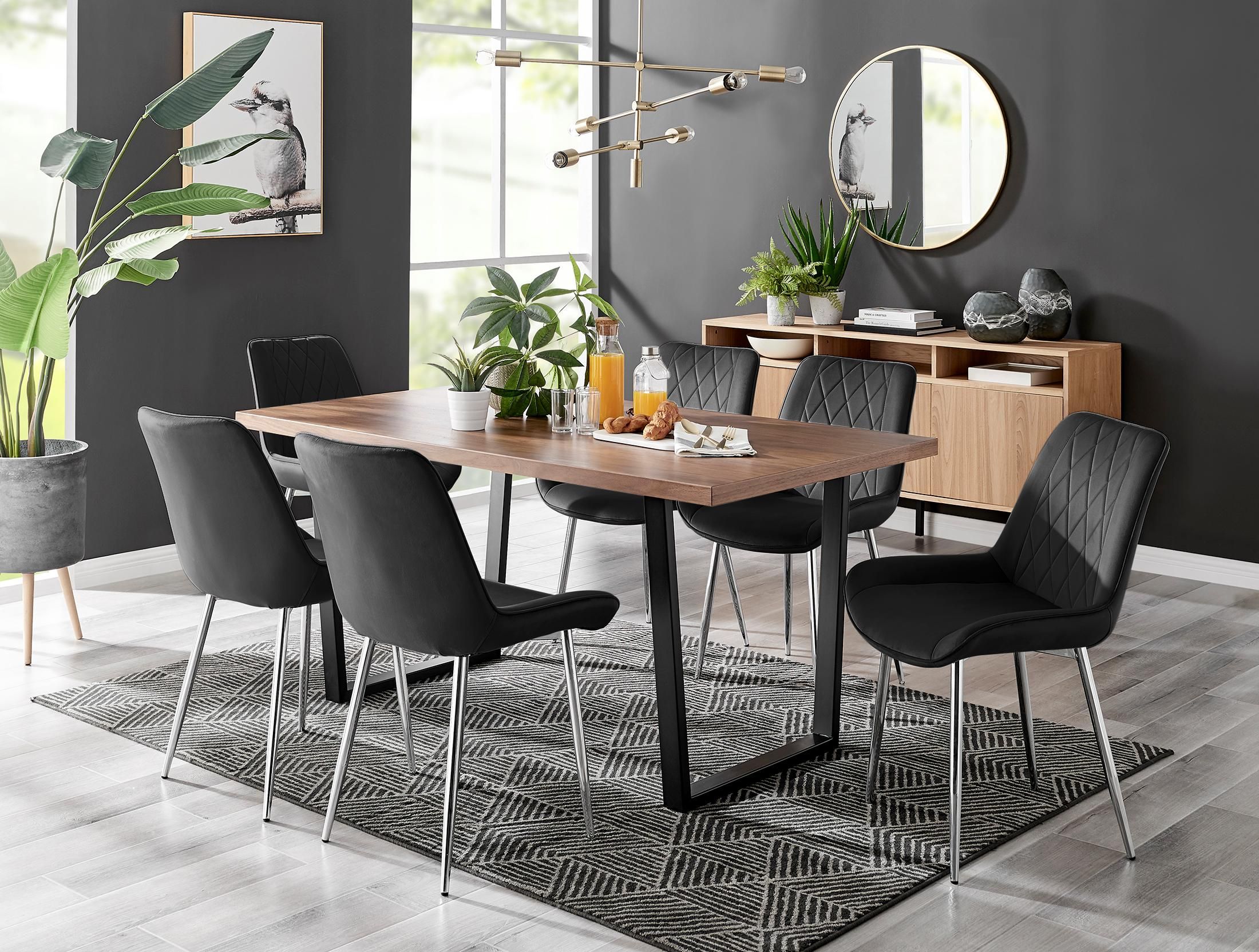 FurnitureboxUK Kylo Large Brown Wood Effect Dining Table & 6 Pesaro Velvet Silver Leg Chairs in Black