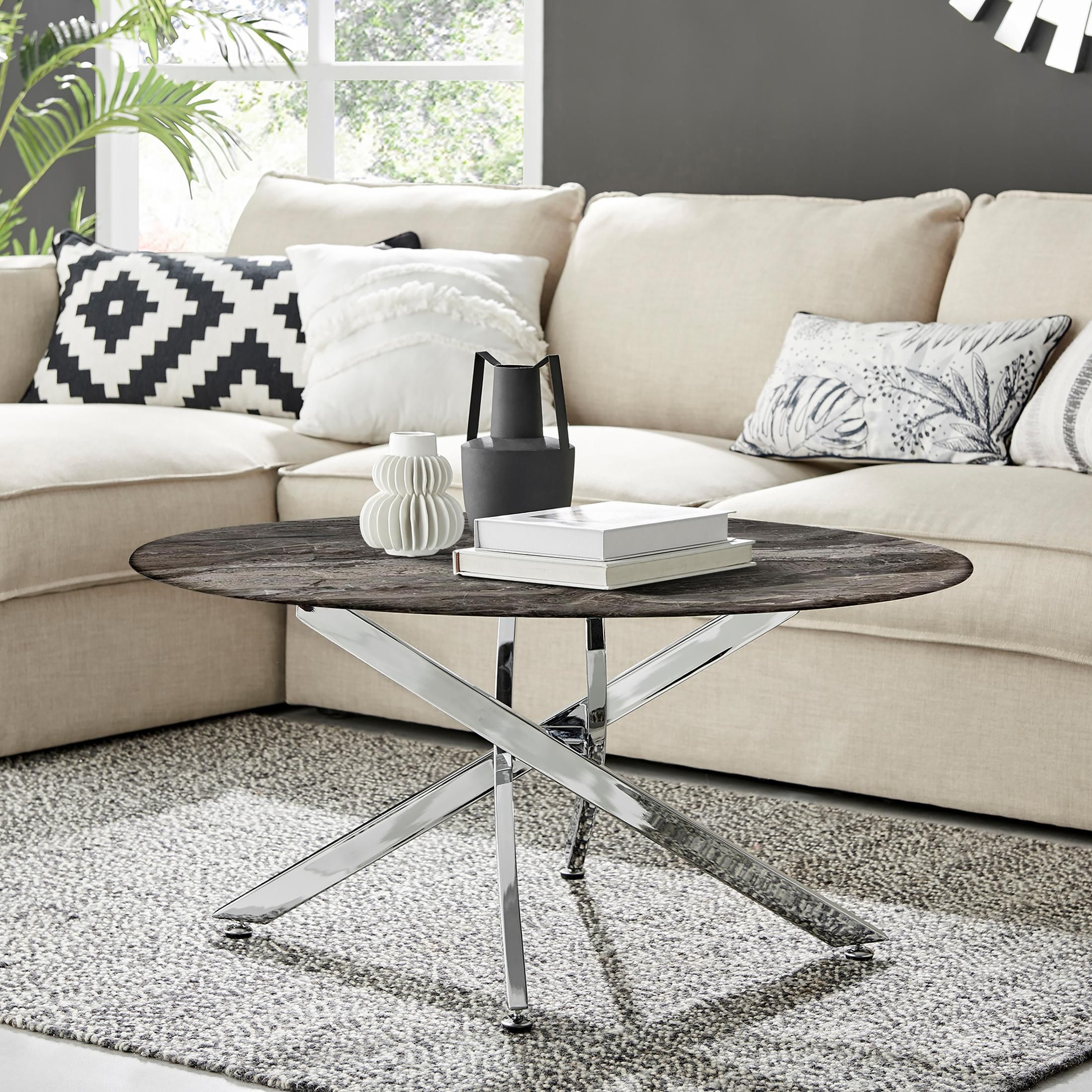 FurnitureboxUK Novara Round Marble Effect Glass Top Coffee Table With Silver Metal Starburst Legs in Grey